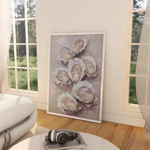 Decorazione murale con ostriche rosa polveroso - Download digitale stampabile - Dipinto a olio di ostriche - Stampa decorativa costiera estetica - Arte minimalista con frutti di mare in pastello