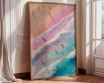 Aerial Surfers Beach Artwork: Ocean Waves Print, Blue Pink Abstract Coastal Decor (Digital Download)