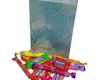 350g Rectangular Patterned Box of Maoam Joystix, Bloxs, Strips Fruit Chews Sweets