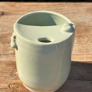 May include: A pale green ceramic cup with a smooth, glossy finish. The vessel features a partial top cover with a small circular opening and two small, rounded decorative protrusions on the sides of the rim, creating a unique, functional form.
