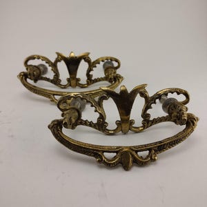 Ornate Antique Brass Drawer Pulls- pair of two, bail pulls. -Antique salvaged furniture hardware.