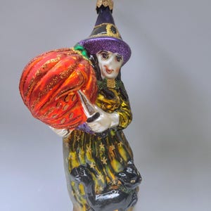 Slavic Treasures Blown Glass Witch Halloween Ornament- Witch with Pumpkin and Black Cat Ornament, Vintage