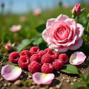 May include: A close-up of a pink rose with a cluster of bright red raspberries. Several pink rose petals are scattered around the raspberries. The image is set outdoors with a blurred green background.