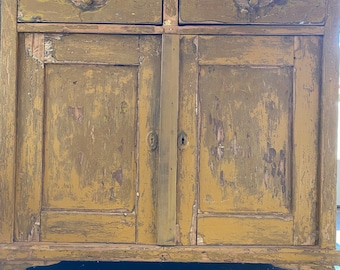Reclaimed Yellow Farmhouse Hutch – Rustic Kitchen Storage – Display Cabinet
