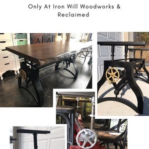 May include: Four different views of a black metal crank base table. The table is adjustable in height. The table is made of reclaimed wood and metal. The table is perfect for a dining room, kitchen, or living room. "Signature Crank Base Tables Only At Iron Will Woodworks & Reclaimed" text is visible in the image.