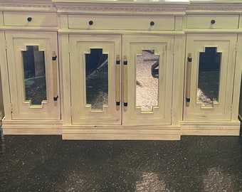 White Reclaimed Wood Sideboard – Mirrored Doors & Crown Molding – Rustic Buffet Cabinet