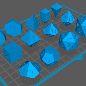 May include: A set of 12 blue polyhedral dice, including a d4, d6, d8, d10, d%, d12, and d20. The dice are arranged on a grid pattern.
