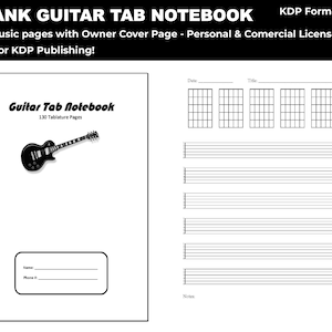 May include: Black and white guitar tab notebook cover with a black electric guitar illustration and the text "Guitar Tab Notebook 130 Tablature Pages". The cover also includes a space for the owner's name and phone number.