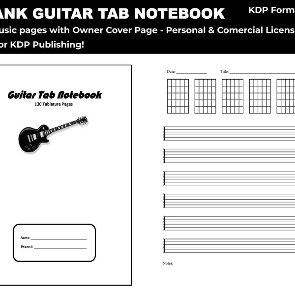 Blank Guitar Tab Notebook Journal | Printable PDF  - KDP Template Blank Sheet Music for Guitar 130 pages 8.5x11