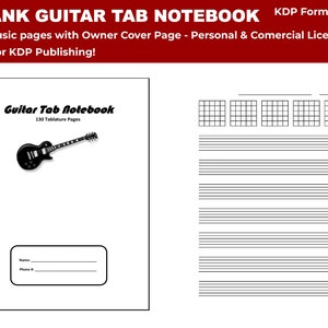 May include: Black and white guitar tab notebook cover with a black electric guitar illustration. The cover has the text "Guitar Tab Notebook" and "130 Tablature Pages".