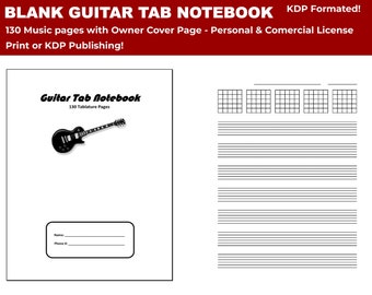 May include: Black and white guitar tab notebook cover with a black electric guitar illustration. The cover has the text "Guitar Tab Notebook" and "130 Tablature Pages".
