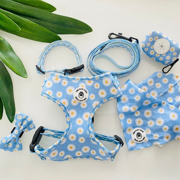 Dog Harness and Lead Set Daisies / XS, Small, Medium Dog Harness Girl / Collar Bandana Bow tie / No Pull, Choke Free / Daisy Flower Pattern