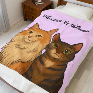 May include: A pink blanket with illustrations of two cats. One is orange with long fur, the other is brown with stripes. The text "Princess & Willow" is written in black script across the top of the blanket.