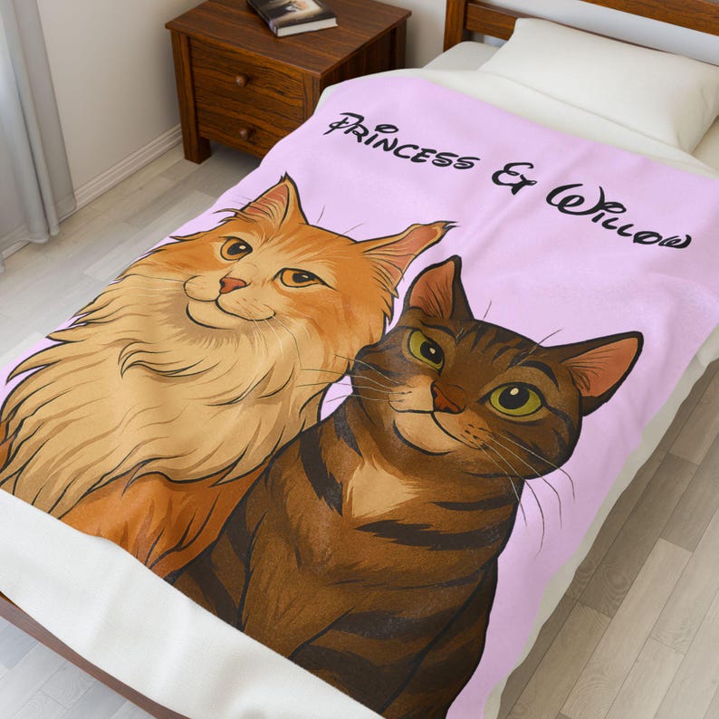 May include: A pink blanket with illustrations of two cats. One is orange with long fur, the other is brown with stripes. The text "Princess & Willow" is written in black script across the top of the blanket.