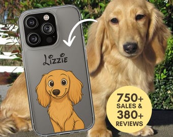 May include: A clear phone case featuring a cartoon illustration of a golden dachshund dog. The name "Lizzie" is written above the dog. The image also includes a real golden dachshund dog and a yellow circle with the text "750+ SALES & 380+ REVIEWS."