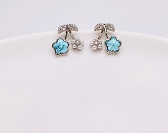 Mint Blue Crystal Flower Stud Earrings, Cherry Blossom Pearl Earrings, Small Swarovski Floral Studs, Cute Minimalist Gift for Her