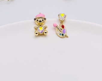 Mismatched Teddy Bear & Palette Earrings-Swarovski Crystal Heart Bear Drop Earrings-Cute Artist Gift for Her