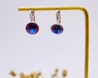 Purple Swarovski Crystal Leverback Earrings: Rhodium Plated, Nickel-Free