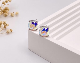 Aurora Borealis Cushion Cut Crystal Stud Earrings – Square AB Swarovski Studs – Bridal Crystal Earrings – Gift for Her