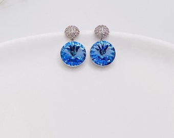 Blue Swarovski Crystal Drop Earrings, Round Blue Stone Earrings, Silver Tone Formal Earrings, Bridesmaid Jewelry
