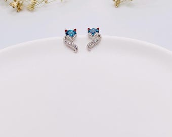 Small Fox Stud Earrings-Swarovski Cute Animal Earrings-Blue Fox-Blue Swarovski Earrings-Graduation-Minimalist Earrings Gift for Her