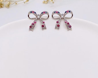 Swarovski Crystal Bow Stud Earrings, Pink & Blue Coquette Ribbon Studs, Colorful Bow Jewelry Gift for Her