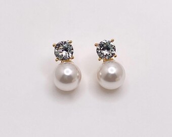 Swarovski Pearl Stud Earrings, Gold Tone Crystal Bridal Earrings, White Pearl Bridesmaid Jewelry, Classic Wedding Gift for Her