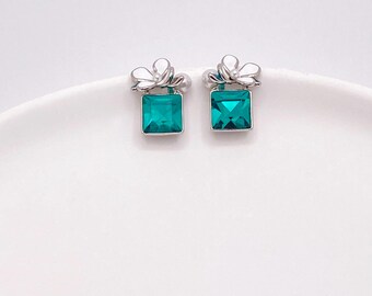 Teal Swarovski Crystal Stud Earrings, White Flower Earrings, Square Crystal Studs, Bridesmaid Gift for Her