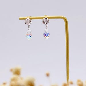 Swarovski Crystal Drop Earrings with Aurora Borealis-Clear AB Crystal Teardrop Earrings-Rose Stud Bridal Dangle Earring-Wedding Gift for Her