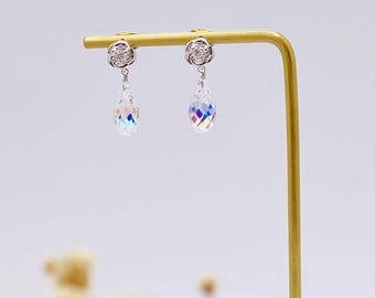 Swarovski Crystal Drop Earrings with Aurora Borealis-Clear AB Crystal Teardrop Earrings-Rose Stud Bridal Dangle Earring-Wedding Gift for Her