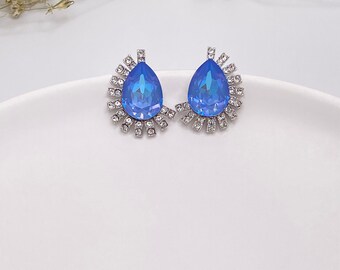 Blue Swarovski Teardrop Earrings-Elegant Fan Crystal Studs-Bridal Statement Earrings-Luxury Blue Wedding Jewelry-Blue Crystal Earrings Prom