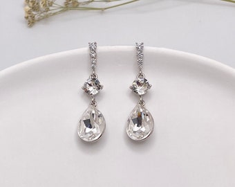 Swarovski Pear Crystal Dangle Earrings-Clear Swarovski Crystal Drop Earrings-Clear White Teardrop Earring-Classic Bridal Earring-Formal Gift