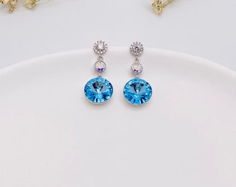 Swarovski Blue Crystal Drop Earrings-Blue Stones Dangle Earrings for Wedding