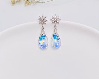 Swarovski AB Crystal Teardrop-Like Earrings-Clear AB Crystal Drop Earring Sparkle Star-Aurora Borealis-Bridesmaid-Formal Gift