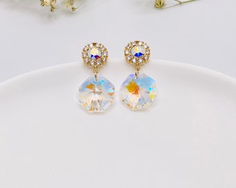 Swarovski Crystal AB Drop Earrings: 14K Gold Plated Halo Design