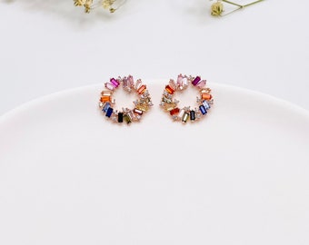 Rainbow Stud Earrings-Multicolor Hoop Earrings-Colorful Circle Baguette Earrings-Circular Multicolor Baguette Crystal Earrings Gift for Girl