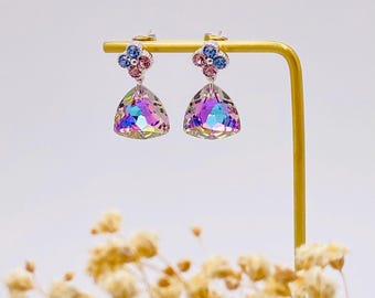 Rainbow Swarovski Crystal Dangle Earrings: Iridescent Floral Statement Jewelry