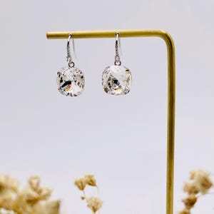Sparkling Clear Crystal Dangle Earrings Silver Hooks-Timeless Swarovski Hook Earrings Cushion-Cut-Bridal Crystal Drop Earrings for Wedding