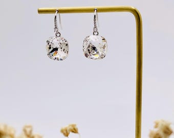 Sparkling Clear Crystal Dangle Earrings Silver Hooks-Timeless Swarovski Hook Earrings Cushion-Cut-Bridal Crystal Drop Earrings for Wedding