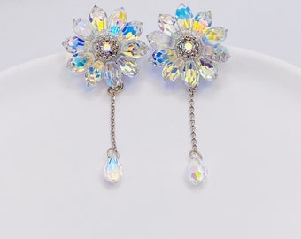Swarovski AB Crystal Flower Earrings, Clear Floral Dangle Statement Earrings