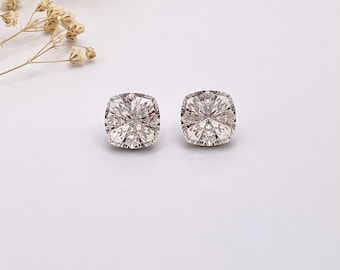 Clear Swarovski Crystal Stud Earrings, Large Cushion Cut Square Statement Studs, Silver Tone Bridal Earrings, 14mm