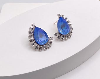 Blue Swarovski Crystal Stud Earrings, Pear Cut Halo Earrings, Something Blue Bridal Jewelry, Formal Statement Gift for Her