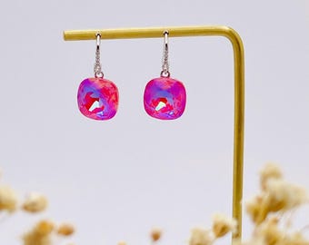 Hot Pink Crystal Drop Earrings-Modern Pink Swarovski Earrings Square Cut-Lightweight Hook Earring-Minimalist Bridesmaid Earring Gift for Her