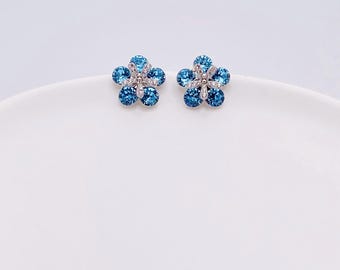 Blue Swarovski Crystal Flower Stud Earrings, Floral Dainty Studs, Crystal Daisy-Shaped Earrings, Sparkling Crystal Jewelry
