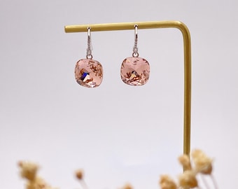 Champagne Swarovski Crystal Cushion Drop Earrings, Soft Bridesmaid Jewellery, Neutral Wedding Earrings