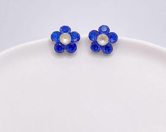 Sapphire Blue Swarovski Daisy Stud Earrings, Crystal Flower Earrings, Cute Floral Jewelry Gift