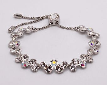 Clear Crystal Cluster Bracelet Made with Swarovski Crystals, Adjustable Silver Bolo Bracelet, Bridal Wedding Jewelry