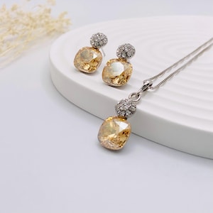 Orange Swarovski Jewelry Sets-Yellow Swarovski Pendant Necklace&Stud Earring Set-Crystal Earrings, Necklace, Set-Autumn Jewelry Gift For Her