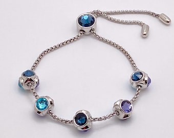 Blue Purple Swarovski Crystal Charm Bracelet, Adjustable Silver Bolo Bracelet, Navy Aqua Movable Charms