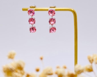 Pink Swarovski Crystal Earrings-Triple Stone Drop Earrings-Sparkling Dangle Earrings-Light Rose Crystal Jewelry-Gift Her